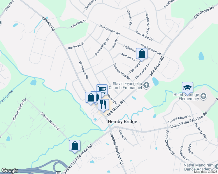 map of restaurants, bars, coffee shops, grocery stores, and more near 7907 Teakwood Road in Indian Trail