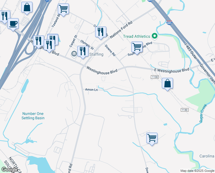 map of restaurants, bars, coffee shops, grocery stores, and more near 401 Amon Lane in Pineville