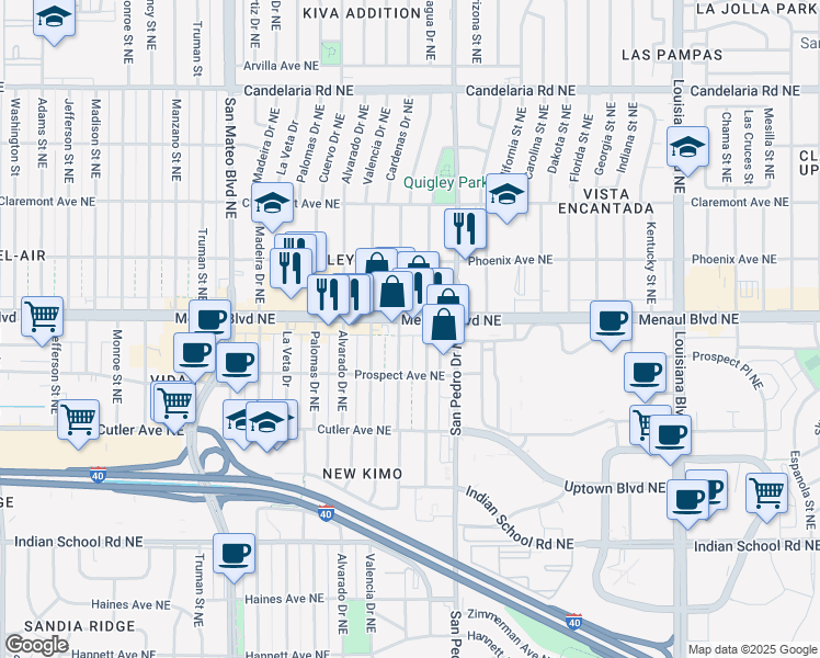 map of restaurants, bars, coffee shops, grocery stores, and more near 5800 Menaul Boulevard Northeast in Albuquerque