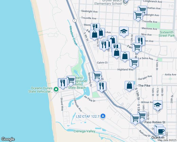 map of restaurants, bars, coffee shops, grocery stores, and more near 1173 Norswing Drive in Oceano