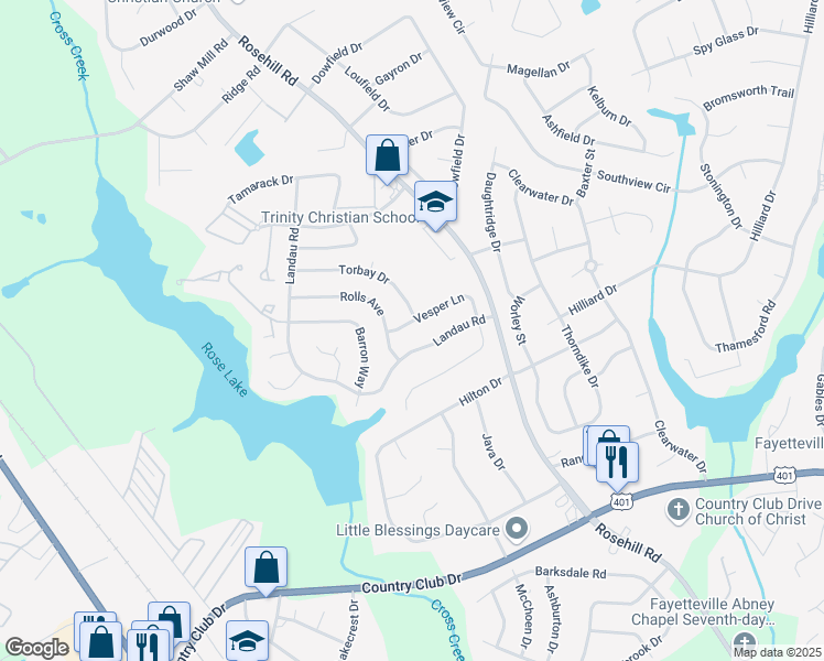 map of restaurants, bars, coffee shops, grocery stores, and more near 1008 Vesper Lane in Fayetteville