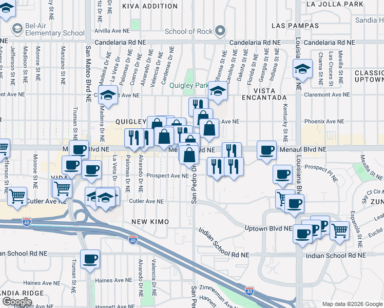 map of restaurants, bars, coffee shops, grocery stores, and more near in Albuquerque