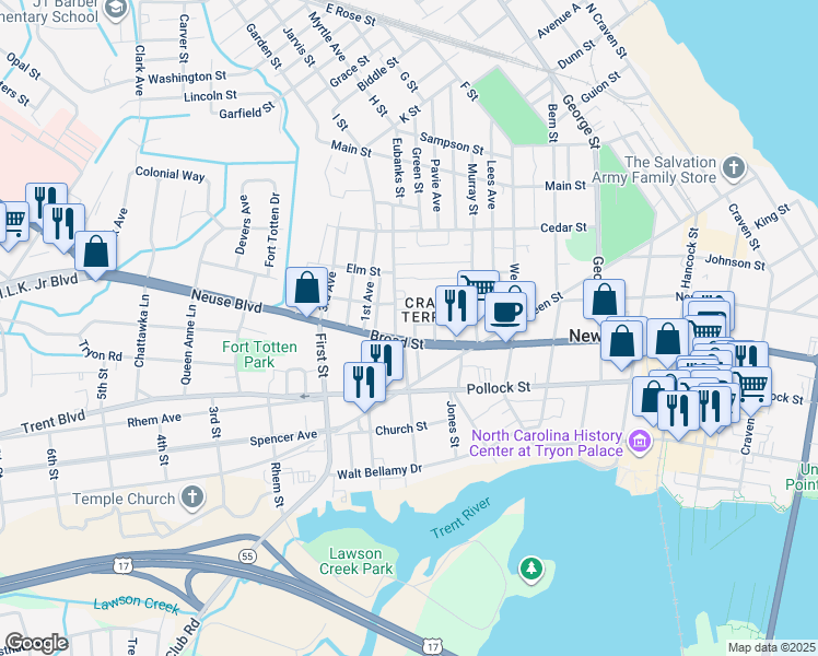 map of restaurants, bars, coffee shops, grocery stores, and more near 505 Carroll Street in New Bern