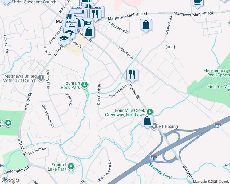 map of restaurants, bars, coffee shops, grocery stores, and more near in Matthews