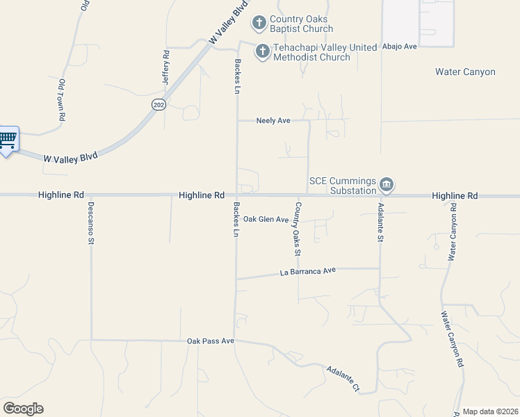 map of restaurants, bars, coffee shops, grocery stores, and more near 20901 Oak Glen Avenue in Tehachapi
