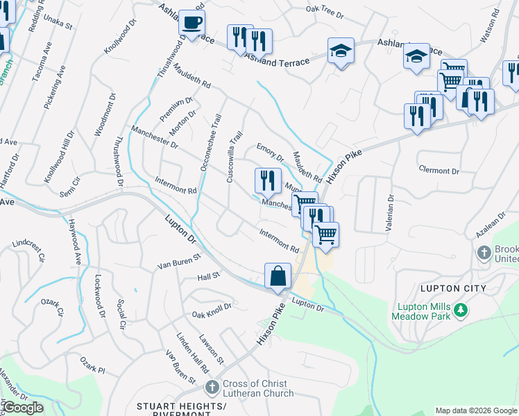 map of restaurants, bars, coffee shops, grocery stores, and more near 764 Manchester Drive in Chattanooga