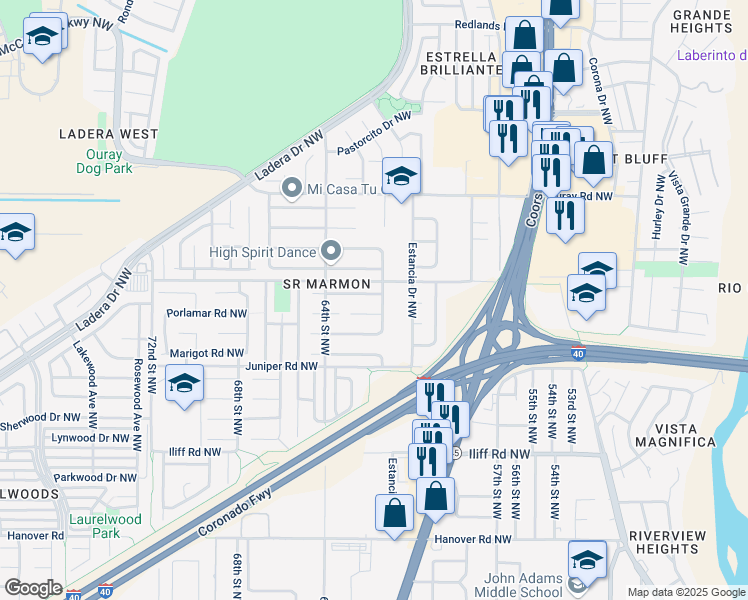 map of restaurants, bars, coffee shops, grocery stores, and more near 6104 Sunray Road Northwest in Albuquerque