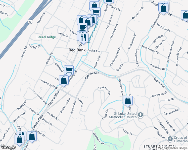 map of restaurants, bars, coffee shops, grocery stores, and more near 3334 Easton Avenue in Chattanooga