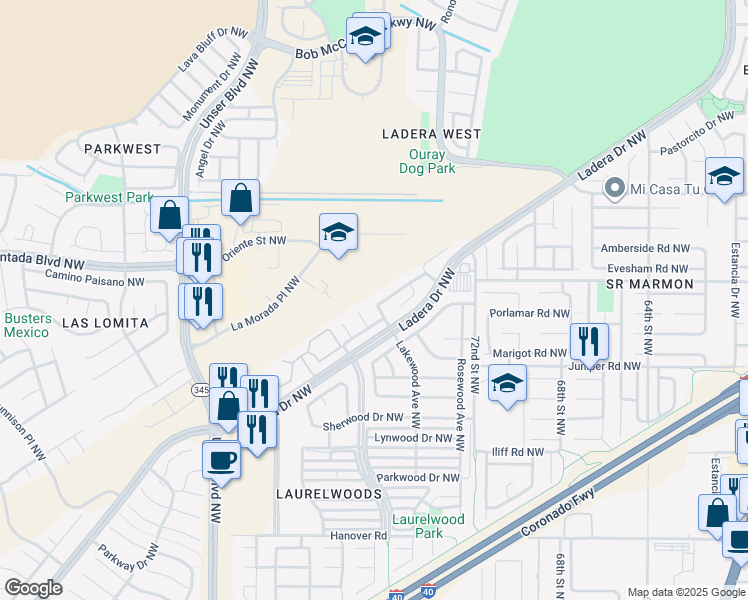 map of restaurants, bars, coffee shops, grocery stores, and more near 7620 Lakewood Avenue Northwest in Albuquerque