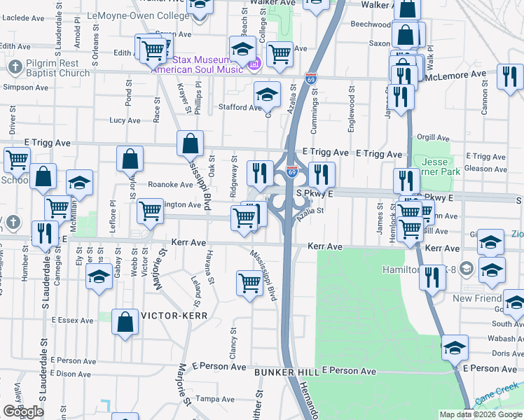 map of restaurants, bars, coffee shops, grocery stores, and more near 1379 College Street in Memphis