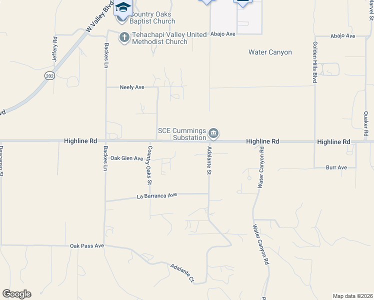 map of restaurants, bars, coffee shops, grocery stores, and more near 20620 Highline Road in Tehachapi