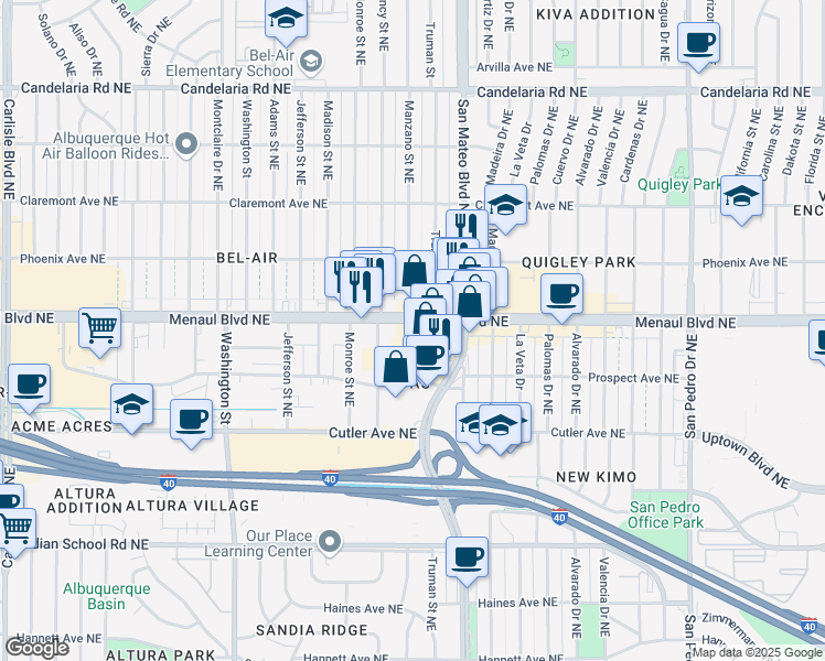 map of restaurants, bars, coffee shops, grocery stores, and more near 5000-5098 Menaul Boulevard Northeast in Albuquerque