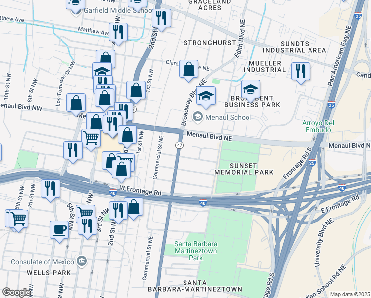 map of restaurants, bars, coffee shops, grocery stores, and more near 2408 Broadway Boulevard Northeast in Albuquerque