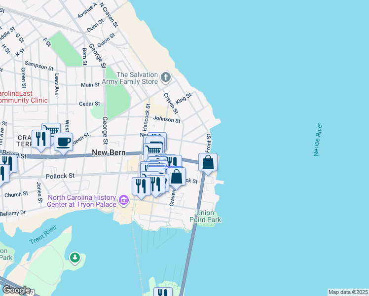 map of restaurants, bars, coffee shops, grocery stores, and more near 221 New Street in New Bern