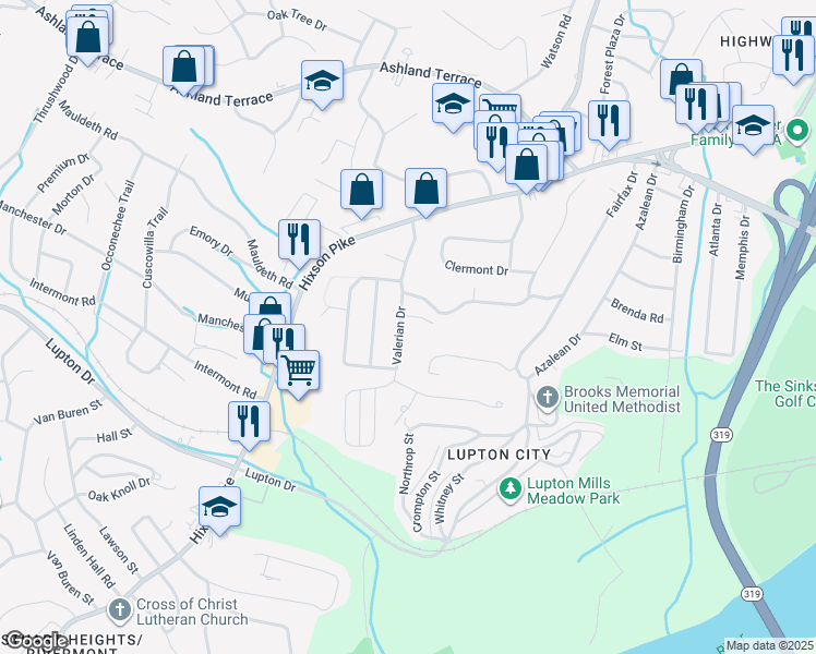 map of restaurants, bars, coffee shops, grocery stores, and more near 3743 Valerian Drive in Chattanooga