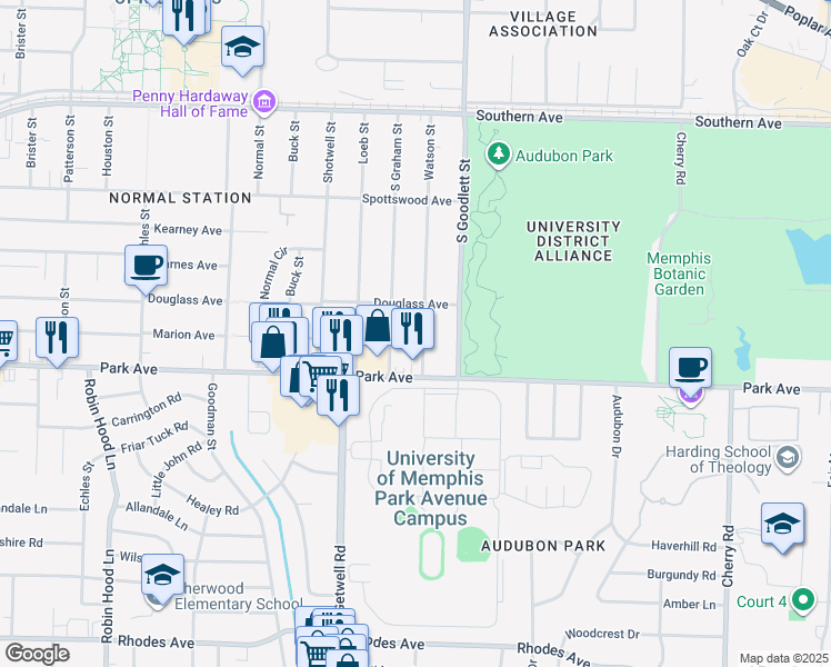 map of restaurants, bars, coffee shops, grocery stores, and more near 815 Watson Street in Memphis