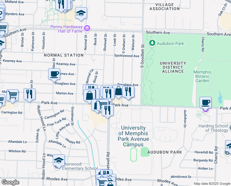 map of restaurants, bars, coffee shops, grocery stores, and more near 815 South Graham Street in Memphis