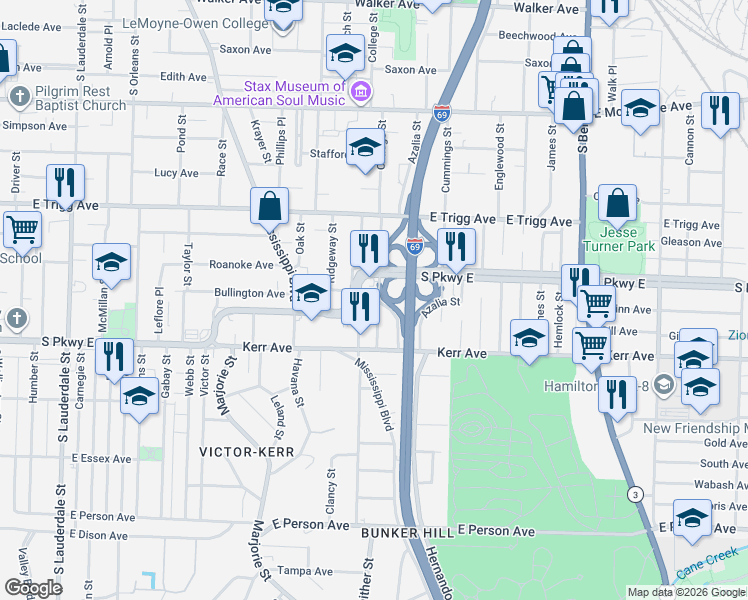map of restaurants, bars, coffee shops, grocery stores, and more near 1379 College Street in Memphis