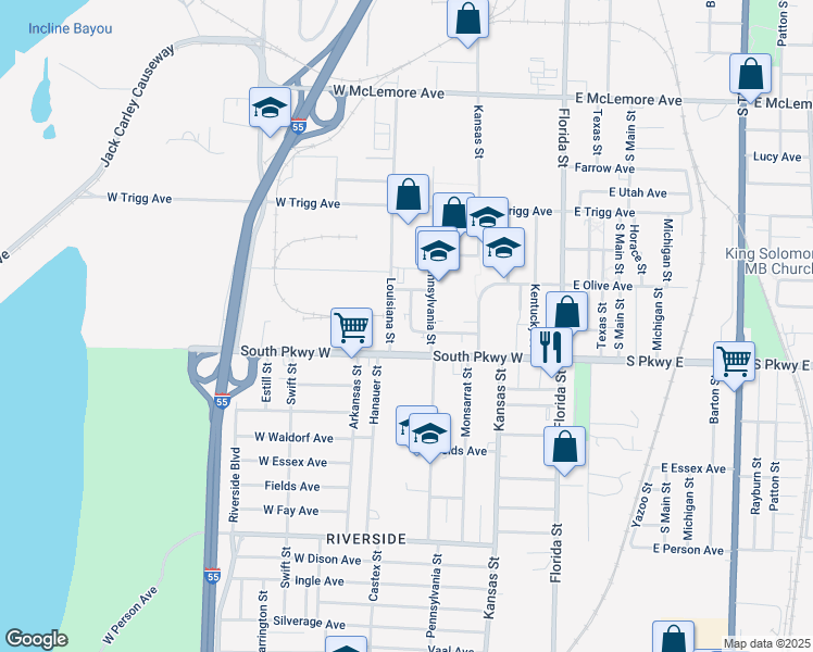 map of restaurants, bars, coffee shops, grocery stores, and more near 1424-1464 Louisiana Street in Memphis