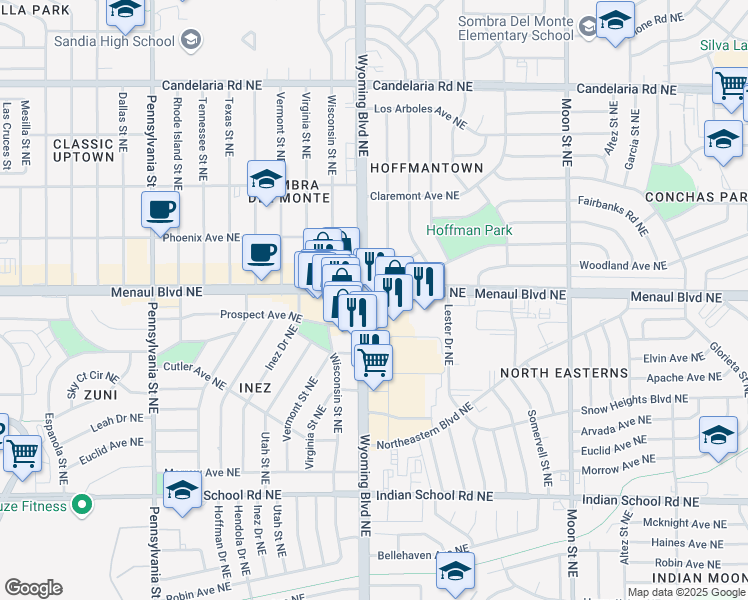 map of restaurants, bars, coffee shops, grocery stores, and more near 8246 Menaul Boulevard Northeast in Albuquerque