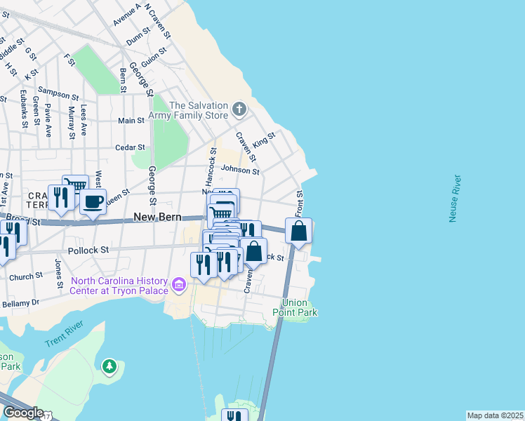 map of restaurants, bars, coffee shops, grocery stores, and more near 416 Craven Street in New Bern