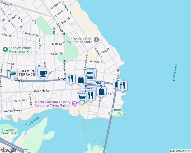 map of restaurants, bars, coffee shops, grocery stores, and more near 408 Middle Street in New Bern
