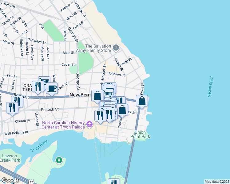 map of restaurants, bars, coffee shops, grocery stores, and more near 408 Middle Street in New Bern