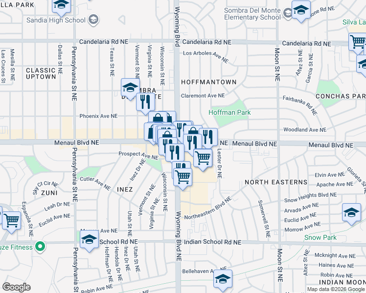 map of restaurants, bars, coffee shops, grocery stores, and more near 8400 Menaul Boulevard Northeast in Albuquerque