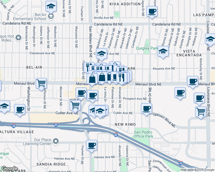 map of restaurants, bars, coffee shops, grocery stores, and more near 5400 Menaul Boulevard Northeast in Albuquerque