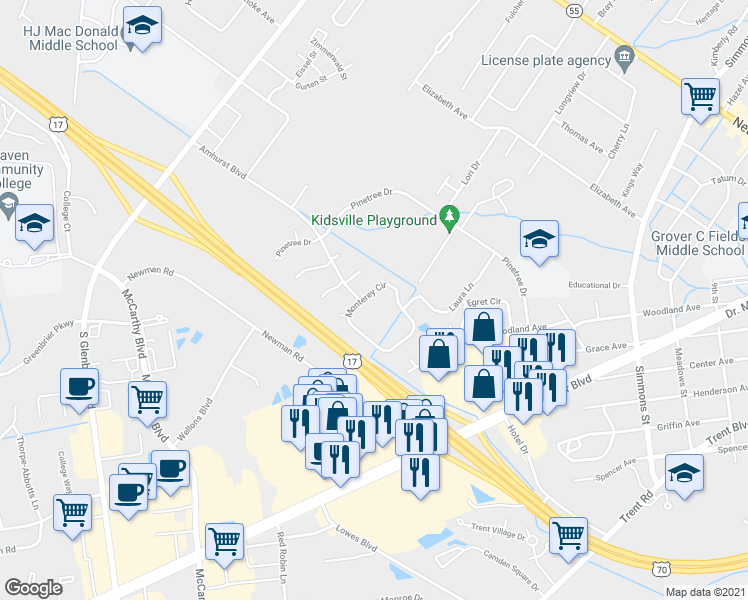 map of restaurants, bars, coffee shops, grocery stores, and more near 223 Monterey Circle in New Bern