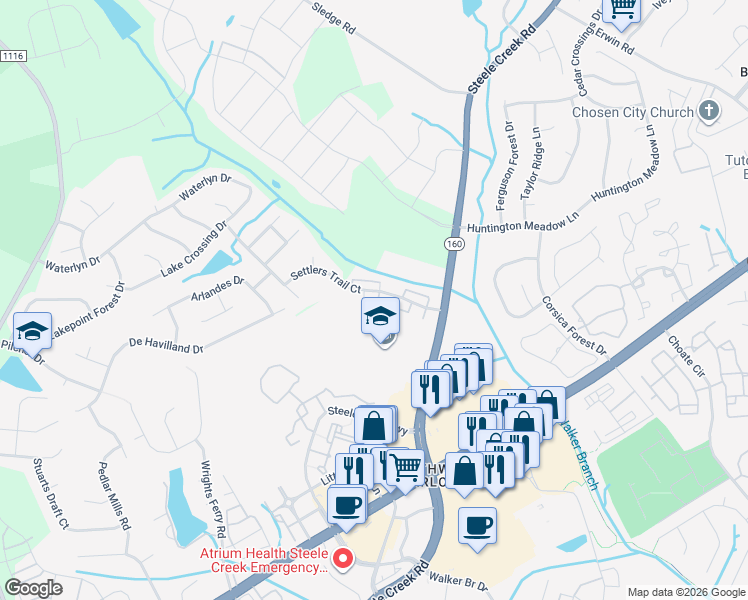 map of restaurants, bars, coffee shops, grocery stores, and more near 13608 Steele Creek Road in Charlotte