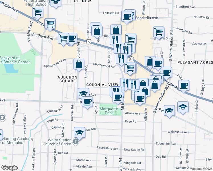 map of restaurants, bars, coffee shops, grocery stores, and more near 813 Moss Road in Memphis