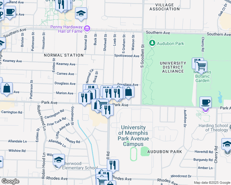 map of restaurants, bars, coffee shops, grocery stores, and more near 815 South Graham Street in Memphis