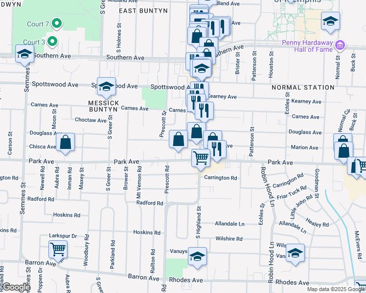 map of restaurants, bars, coffee shops, grocery stores, and more near 3449 Douglass Avenue in Memphis