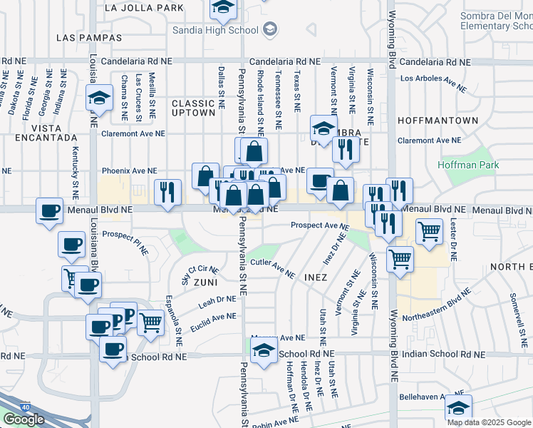 map of restaurants, bars, coffee shops, grocery stores, and more near 7700 Menaul Boulevard Northeast in Albuquerque