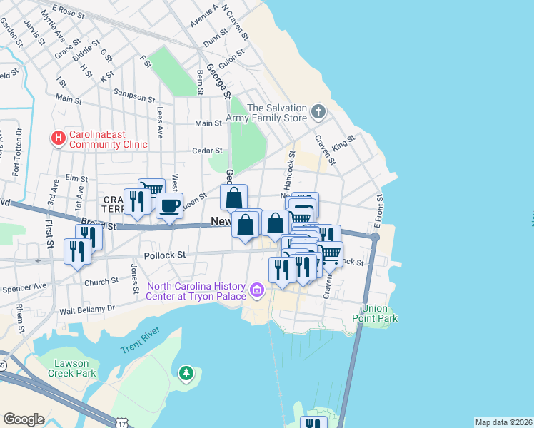 map of restaurants, bars, coffee shops, grocery stores, and more near 407 Hancock Street in New Bern