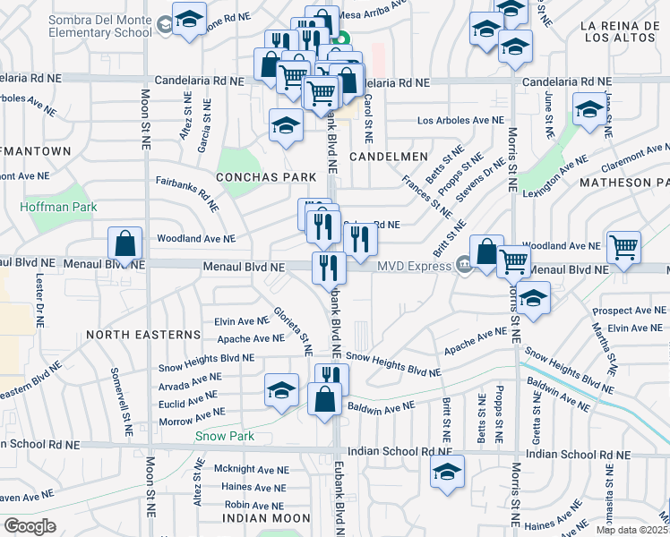 map of restaurants, bars, coffee shops, grocery stores, and more near Menaul Blvd NE & Eubank Blvd NE in Albuquerque