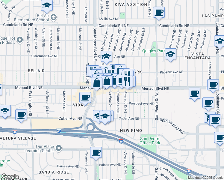 map of restaurants, bars, coffee shops, grocery stores, and more near 5400 Menaul Boulevard Northeast in Albuquerque