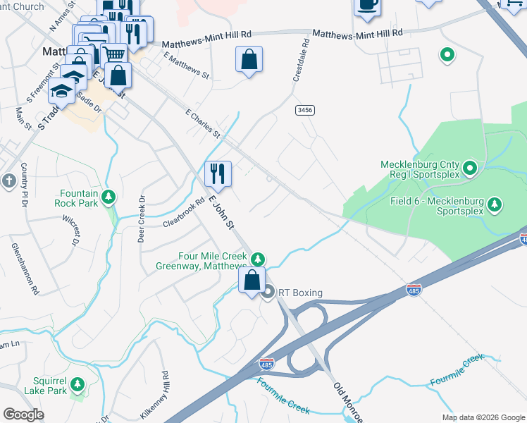 map of restaurants, bars, coffee shops, grocery stores, and more near 212 Morris Road in Matthews