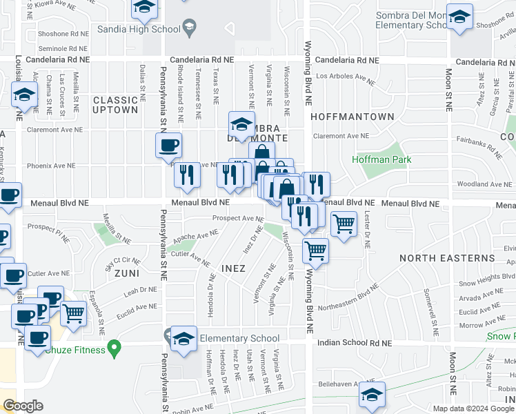 map of restaurants, bars, coffee shops, grocery stores, and more near 8096 Menaul Boulevard Northeast in Albuquerque