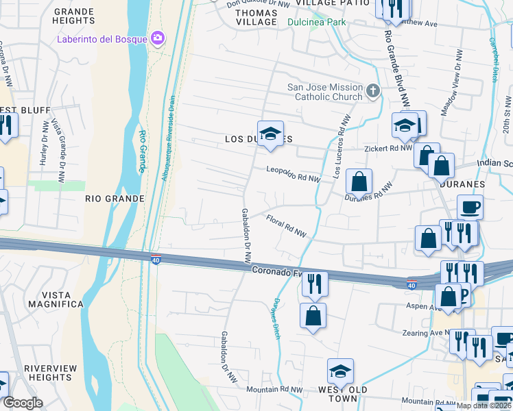 map of restaurants, bars, coffee shops, grocery stores, and more near 2939 Duranes Road Northwest in Albuquerque