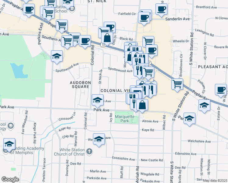 map of restaurants, bars, coffee shops, grocery stores, and more near 800 Berry Road in Memphis