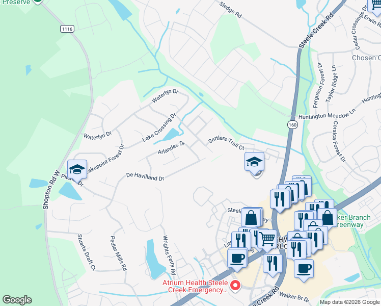 map of restaurants, bars, coffee shops, grocery stores, and more near 14323 Arlandes Drive in Charlotte