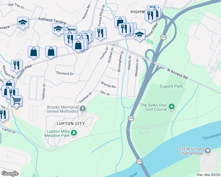 map of restaurants, bars, coffee shops, grocery stores, and more near 1450 Brenda Road in Chattanooga