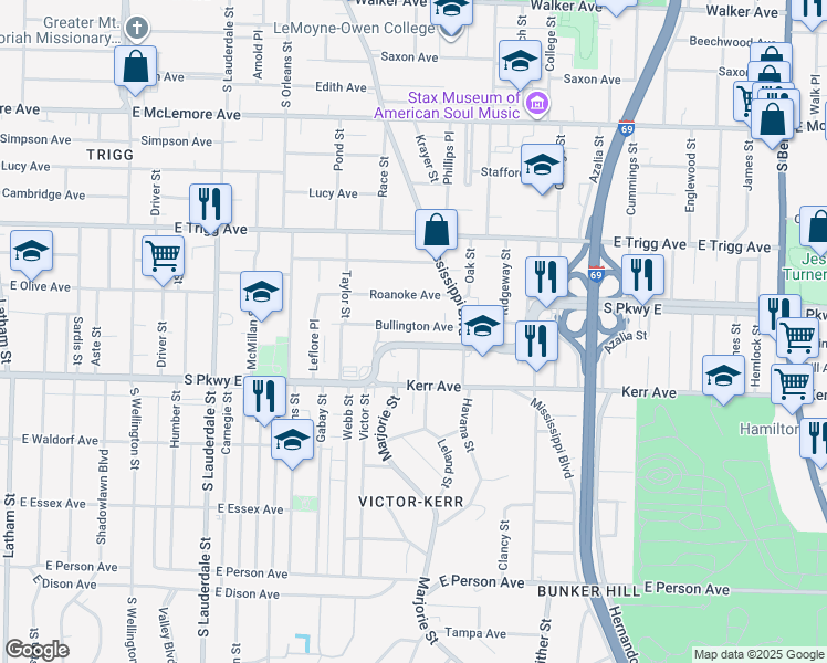 map of restaurants, bars, coffee shops, grocery stores, and more near 797 Bullington Avenue in Memphis