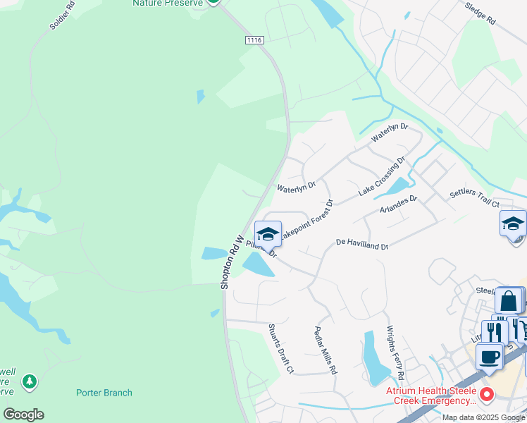 map of restaurants, bars, coffee shops, grocery stores, and more near 11732 Village Pond Drive in Charlotte