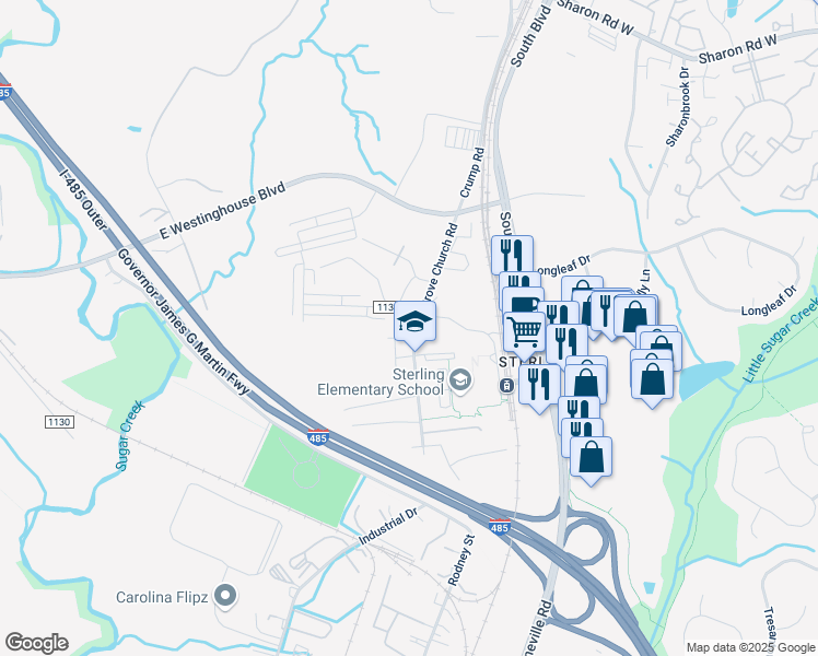 map of restaurants, bars, coffee shops, grocery stores, and more near 9501 China Grove Church Road in Pineville