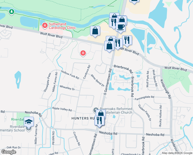 map of restaurants, bars, coffee shops, grocery stores, and more near 7726 River Bend Drive in Germantown