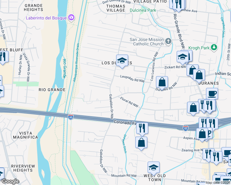 map of restaurants, bars, coffee shops, grocery stores, and more near 2933 Duranes Road Northwest in Albuquerque