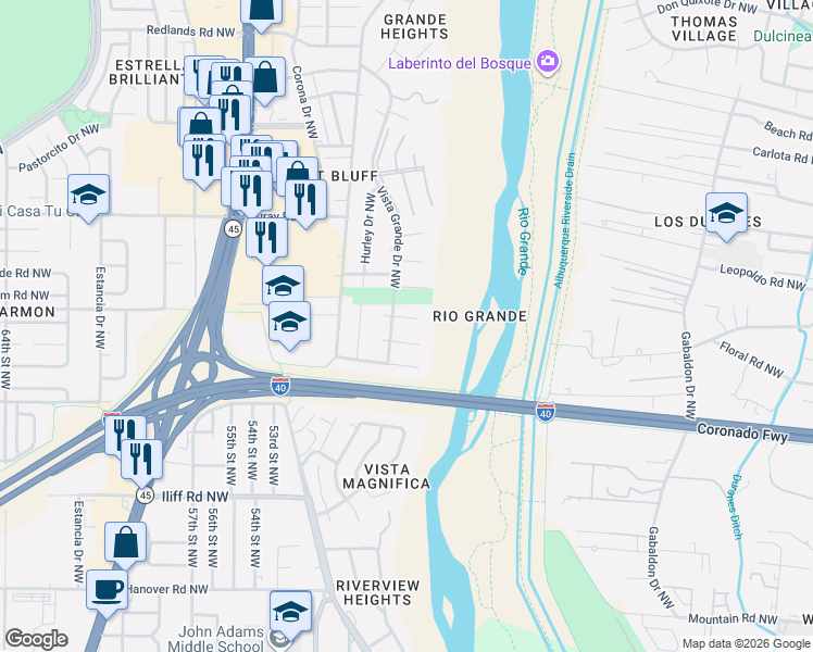 map of restaurants, bars, coffee shops, grocery stores, and more near 2312 La Vista Court Northwest in Albuquerque